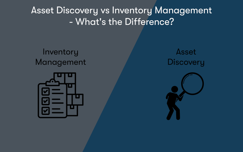 A picture split into two, on one side there is a picture of a clipboard and boxes, with the heading Inventory Management. On the other side is a man with a magnifying glass with he heading Asset Discovery. With the heading 'Asset Discovery vs Inventory Management - What's the Difference?' above.