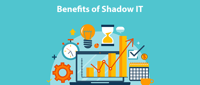 At the top is the text -Benefits of Shadow IT. Below is a picture of a computer, surrounding the computer is symbols of graphs going upwards, a calendar, time, ideas, and a checklist. on a light blue background.