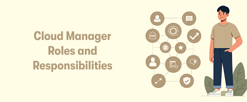 A picture of a man, with his roles and responsibilities in icon form next to him on the right, with the heading 'Cloud Manager Roles and Responsibilities' on the left. On a cream background.