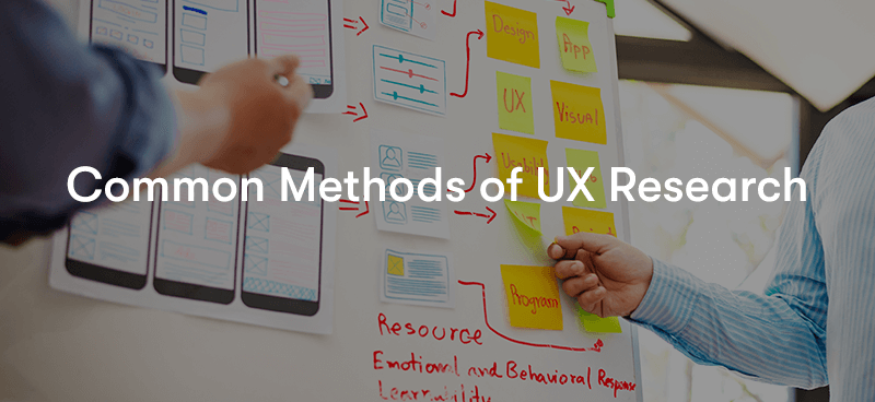 People doing UX research on a whiteboard with pictures, markers and post-it notes with the words common methods of UX research in front