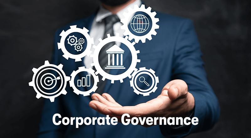 A picture of a business man holding a depiction on governance in his palm. With the heading 'Corporate Governance' below.