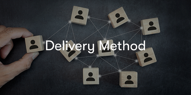 delivery method text in front of a hand moving blocks with people on them around and lines between them
