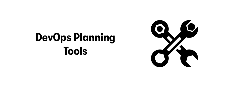 On the left is the text 'DevOps Planning Tools'. On the right is two black spanners in the shape of a cross. On a white background.