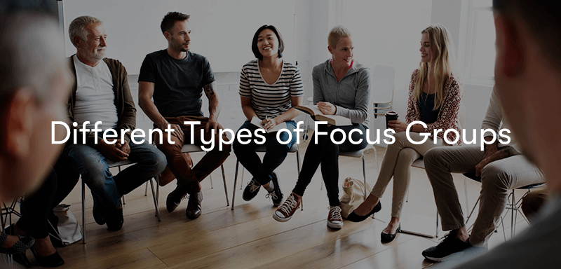 People sat in a circle talking with the text 'Different Types of Focus Groups' in front