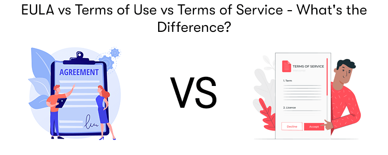 A picture symbolising End User Licence Agreement on the left, and a picture symbolising a Terms of Service Agreement on the right. With a Versus in between them. With the text 'EULA vs Terms of Use vs Terms of Service - What's the Difference?' above. On a white background