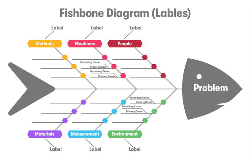 A picture of a fishbone diagram with the categories of Methods, machines, people, Materials, Measurement, and Environment all highlighted as labels. On a white background.
