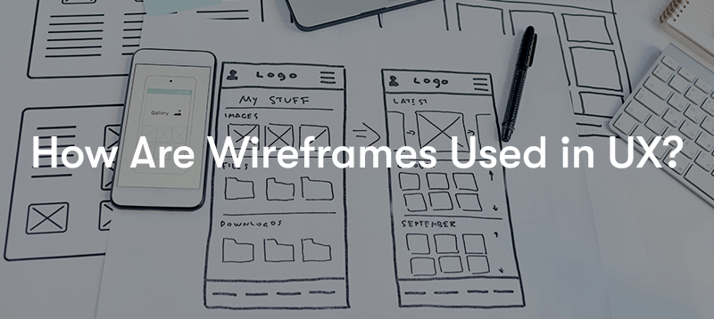 a picture of hand drawn wireframes for a website on mobile on a piece of paper with the words 'How are wireframes used in UX?' in front.