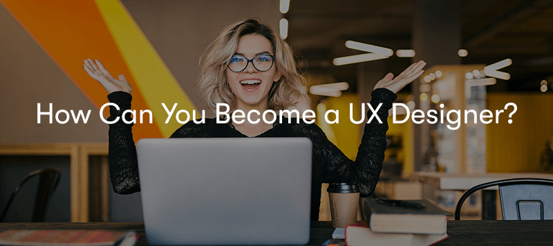 a woman working at a desk with a laptop with her hands either side of her body expressing why? with the text 'How can you become a UX Designer?' in front