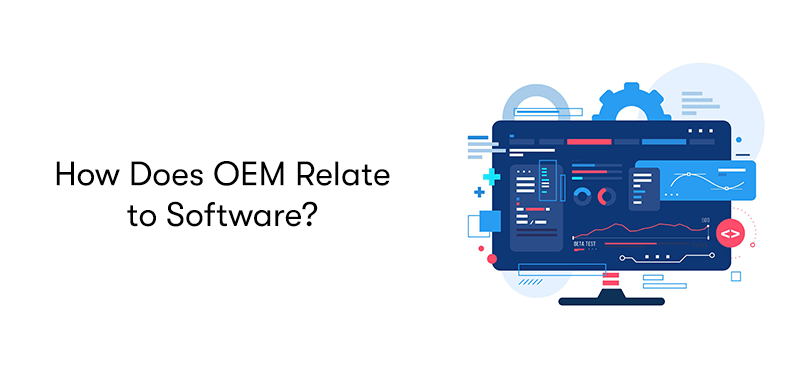 The heading 'How Does OEM Relate to Software?' on the left. With a picture of a computer and software on it on the right. On a white background.