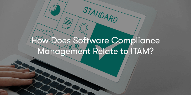 a picture of a laptop with software on it with a green tick. With the text 'How Does Software Compliance Management Relate to ITAM?' in front