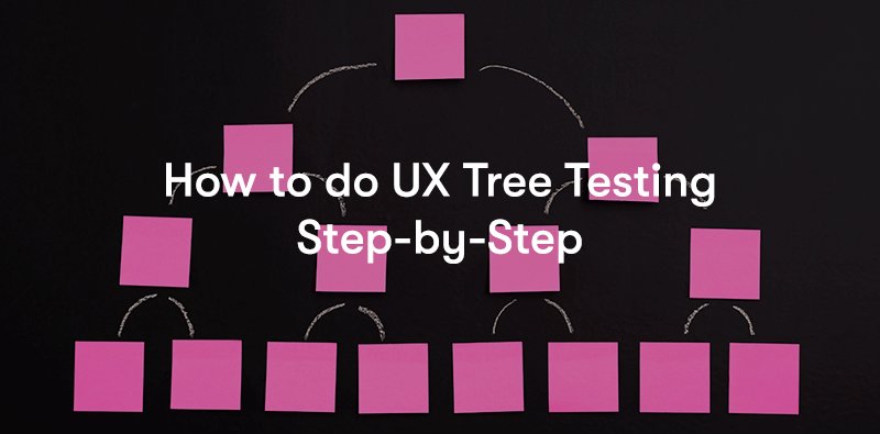 How to do ux tree testing step-by-step in front of a hierarchy chart made by pick post-it notes on a black background