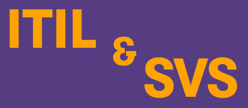 In large Orange letters it spells ITIL and SVS, going down diagonally. On a purple background.