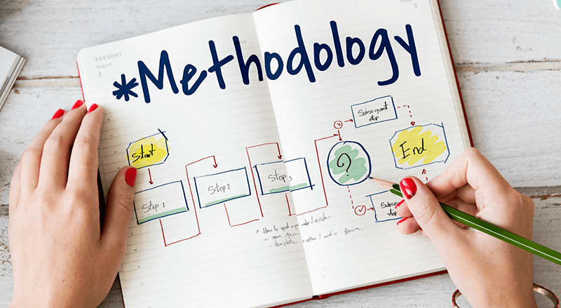a book with the words methodology on top and a flow diagram drawn in the book.