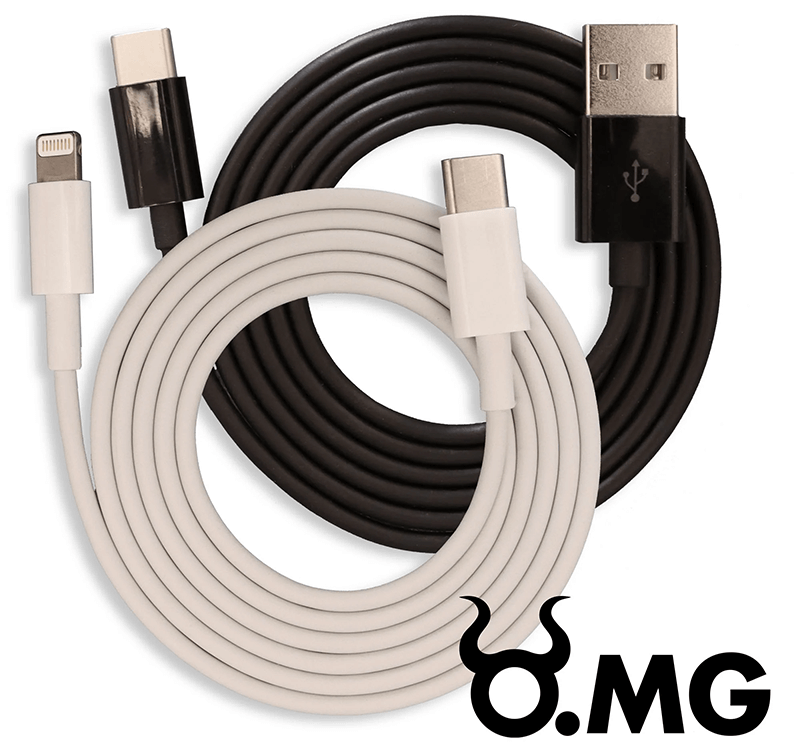a picture of the O.MG cable in white and back coiled on a white backgrund
