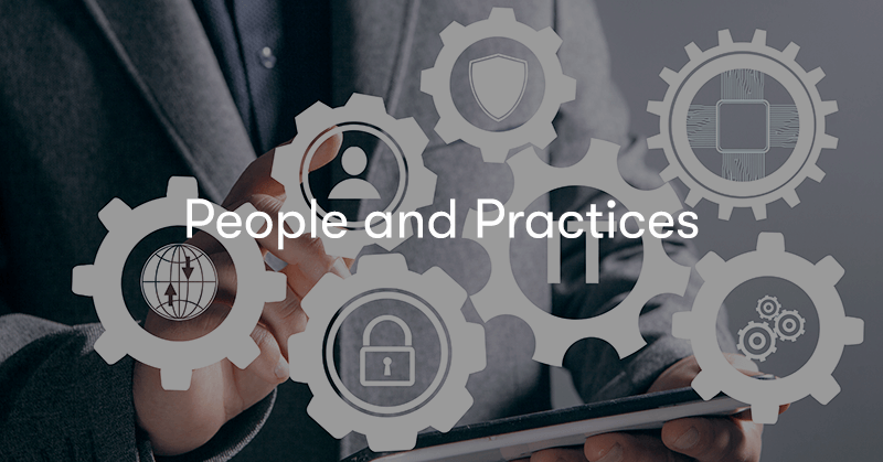 people and practices in front of cogs with business elemets in them