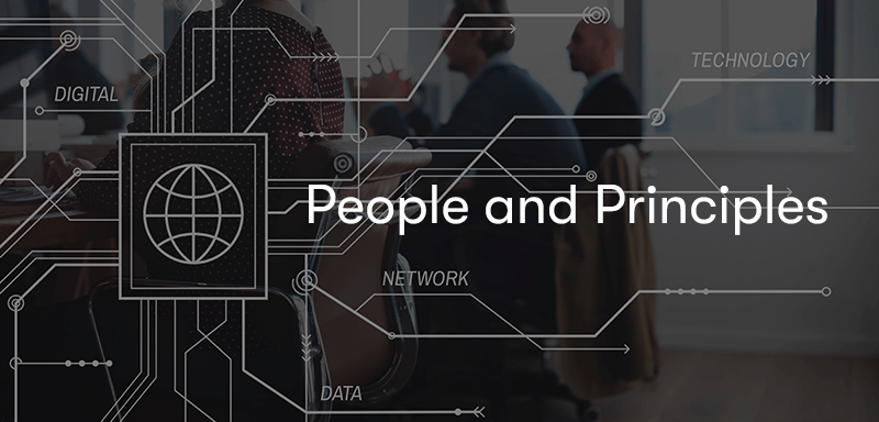 people and principles text next to business elements connected by lines