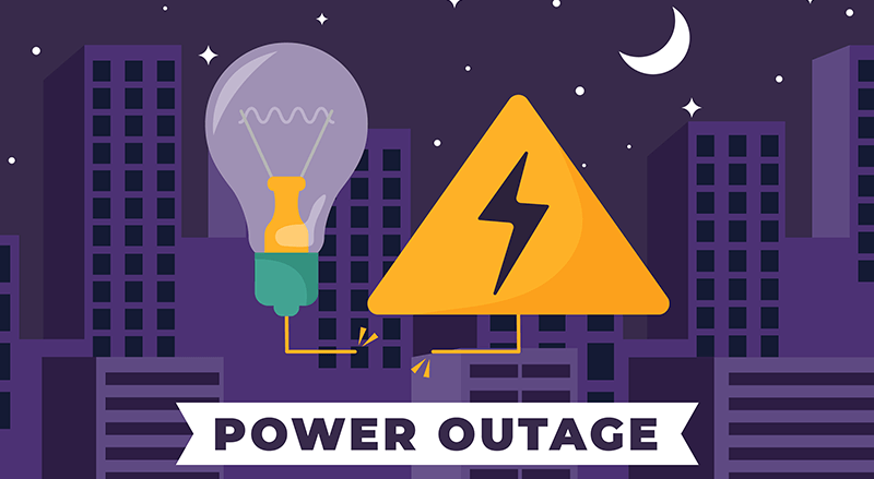 A picture of a broken power cable going towards a light bulb. With a purple city in the background. With the words power outage below.