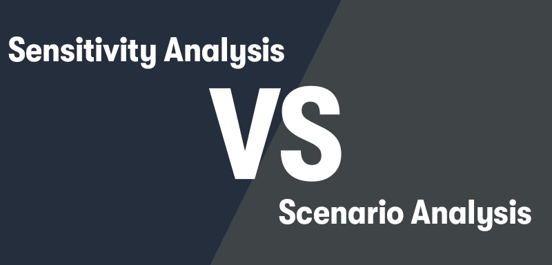 Sensitivity Analysis on the left on a dark blue background. Scenario Analysis on the right on a dark grey background. With a large VS in the middle to spell out Sensitivity Analysis vs Scenario Analysis
