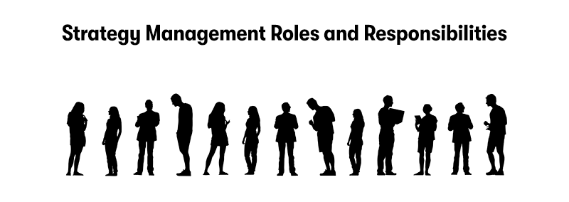 A picture of many business peoples shadows all doing different tasks. With the heading 'Strategy Management Roles and Responsibilities' above. On a white background.