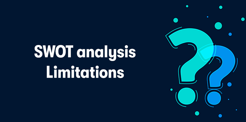 The heading 'SWOT analysis Limitations' on the left in white. With two large blue question marks on the right. On a dark blue background.
