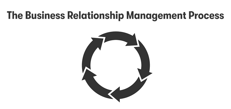 A picture of many arrows going in a circle. With the heading 'The Business Relationship Management Process' above. On a white background.