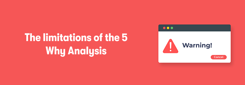 The heading 'The limitations of the 5 Why Analysis' on the left. With a warning pop up window on the right. On a light red background.