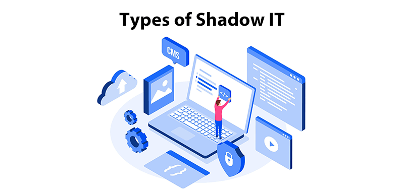 A picture of a man standing by a laptop, surrounding the laptop is different types of software, including video, CMS, browsers, cloud, picture editing, and more. With the text 'Types of Shadow IT' above. On a white background.