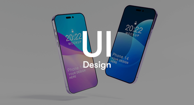 a picture of two phones floating on the lock screen on a white background with the words 'UI Design' on top in the middle