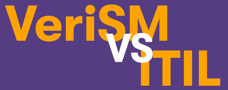 The text VeriSM and ITIL in large orange coloured font. With the white text VS in front. On a purple background.