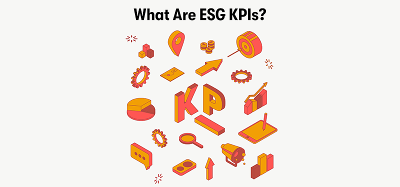 A picture of KPI in the middle, surrounding it is different KPI elements including graphs, charts, targets, data, ect. With the heading 'What Are ESG KPIs?' above. On a grey background.