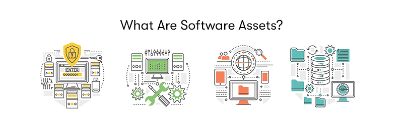 A picture of 4 elements of software assets including data and software. With the heading 'What Are Software Assets?' above. On a white background.