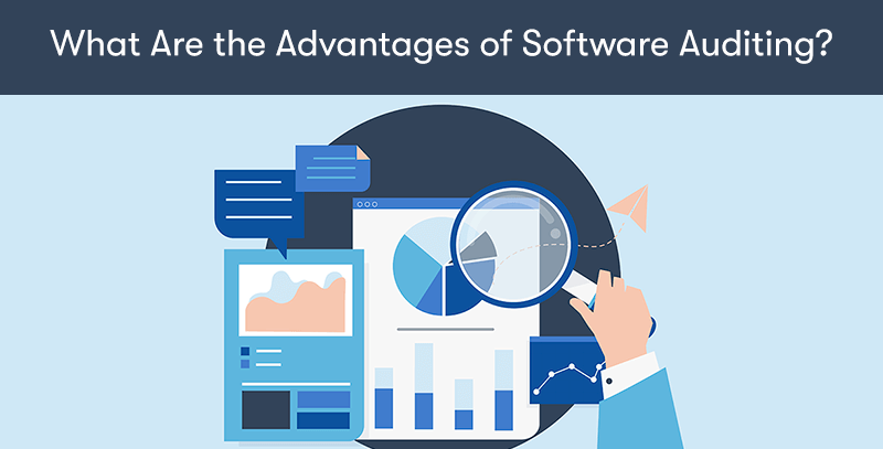 A picture of a hand holding a magnifying glass over data and analytics. With the words 'What Are the Advantages of Software Auditing?' at the top, on a light blue background.