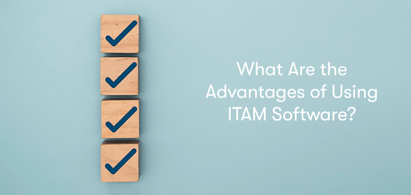 A picture of 4 cubes of wood with ticks on them on the left, with the heading 'What Are the Advantages of Using ITAM Software?' on the right. On a light blue background.
