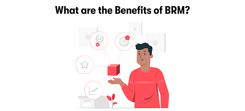 A picture of a man holding up a box with one hand. Surrounding the box are icons, symbolising the benefits. With the heading 'What are the Benefits of BRM?' above. On a white background.