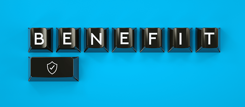 Benefits spelled out in keyboard keys on a blue background
