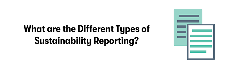A picture of two different documents on the right. With the heading 'What are the Different Types of Sustainability Reporting?' on the left. On a white background.