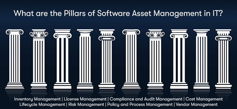 The heading 'What are the Pillars of Software Asset Management in IT?' at the top, with a picture of 10 white pillars below. With a list of the pillars of software asset management below them. On a dark blue background