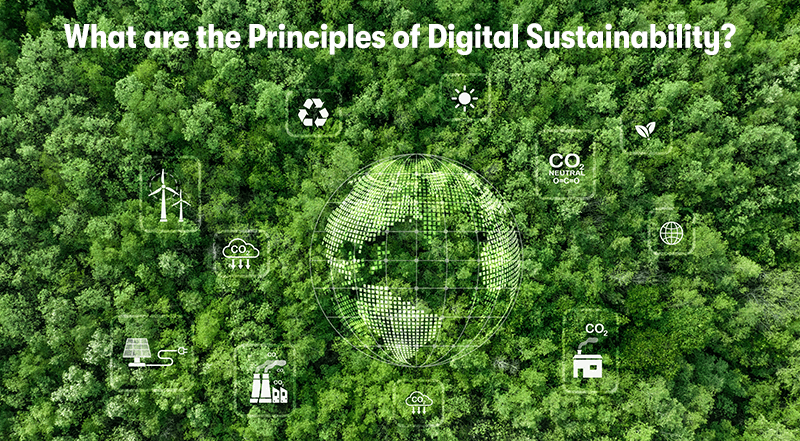 A picture of a birds eye view of a forest, with icons in front representing CO2 emissions, recycling, factory, green energy, the internet, and the earth. With the heading 'What are the Principles of Digital Sustainability?' above.