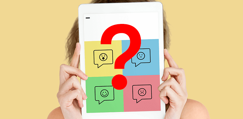 A red question mark in front of a woman holding up a tablet in front of her face with four pictures with different emotions ranging from happy to sad on a yellow background
