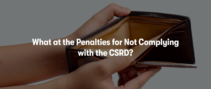 A picture of two hands holding an empty wallet, with the words 'What at the Penalties for Not Complying with the CSRD?' in front. On a white background.