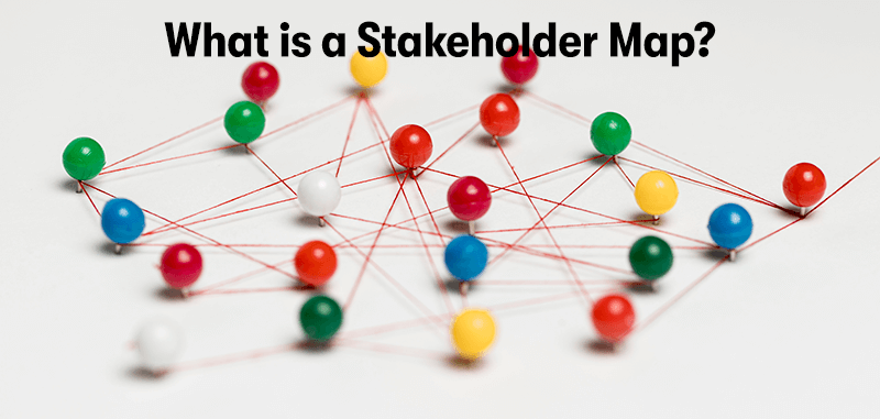A picture of pins connected by lines of strong, on a white background. With the heading 'What is a Stakeholder Map?' above.