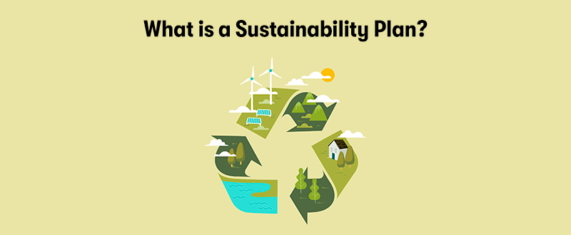 The heading 'What is a Sustainability Plan?' at the top, with a picture of the recycling symbol below. With clouds, wind turbines, housing, water, and trees attached to the recycling symbol. On a light green background.