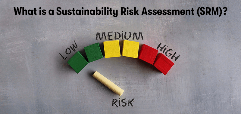 A picture of a sliding risk assessment scale, from low to high. With the heading 'What is a Sustainability Risk Assessment (SRM)?' above. On a grey background.