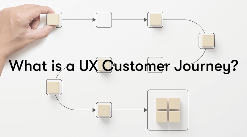 What is a UX Customer Journey? text with blocks in a snake formation with arrows following them to the end behind