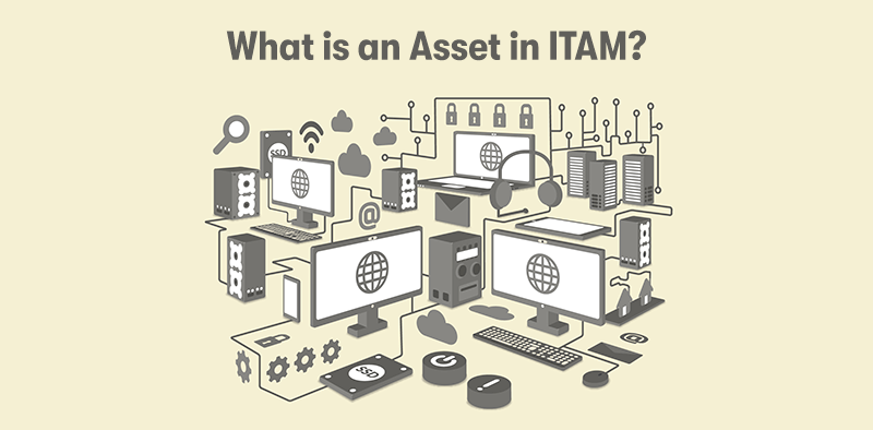 A picture of IT assets linked together with lines. These include computers, servers, smartphones, cloud, wireless access terminals. With the heading 'What is an Asset in ITAM?' above. On a cream background.