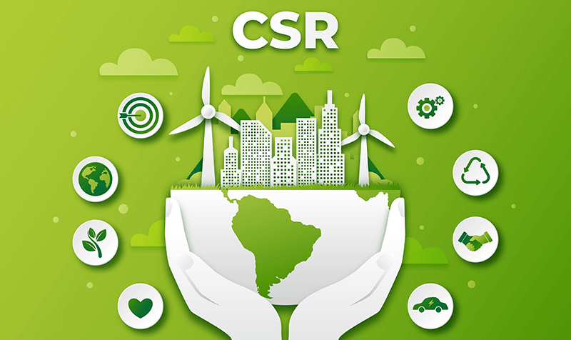 A picture of two hand holding the world, surrounding that is icons representing recycling, emissions, goals, the earth, and a hand shake. With the heading above 'CSR'. On a green background with green clouds.