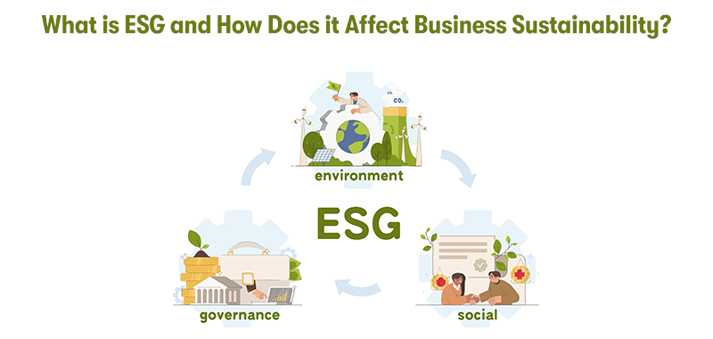 A diagram of ESG, broken down into Environment, social, and governance. All with pictures symbolising them. With the heading 'What is ESG and How Does it Affect Business Sustainability?' above. On a white background.