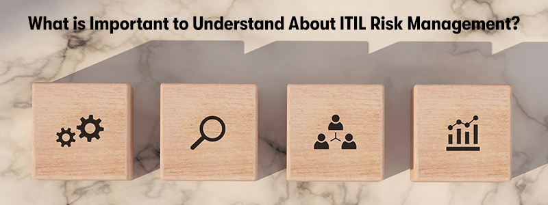 A picture of 4 wooden block with icons on them, symbolising analysis, people, graphs, and processes. With the heading 'What is Important to Understand About ITIL Risk Management?' above. On a marble background.