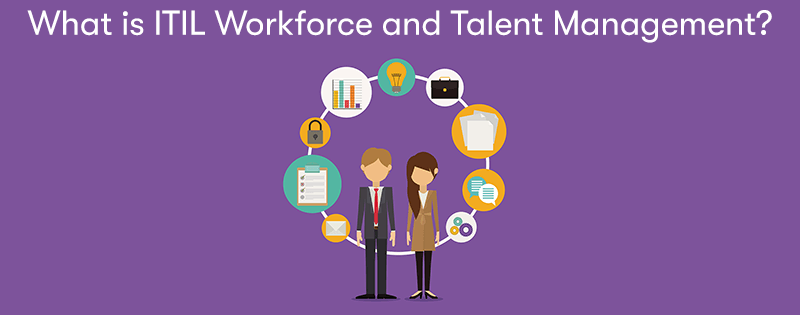 Two people surrounded by roles and responsibilities with the words What is ITIL Workforce and Talent Management? above on a purple background