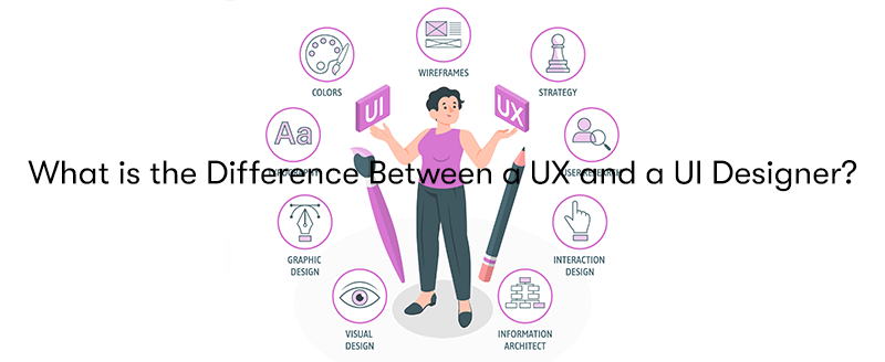An animated person with element of UX and UI surrounding her in a circle, with the words What is the Difference Between a UX and a UI Designer? in front